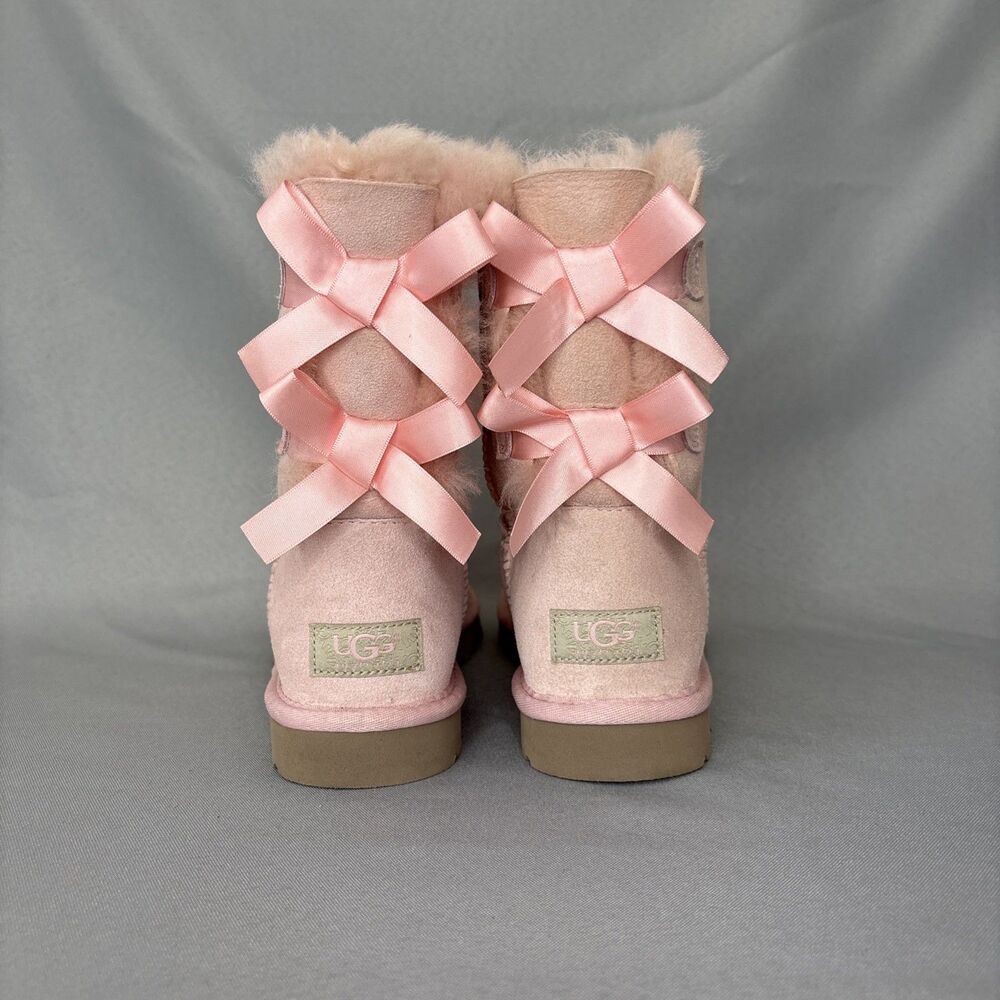 Womens UGG Boots Bailey Bow Pink EPRM Sz6 Suede Wool Coquette Festival VERY RARE - Picture 3 of 13